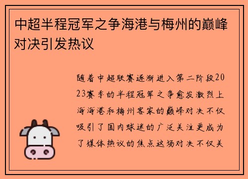 中超半程冠军之争海港与梅州的巅峰对决引发热议